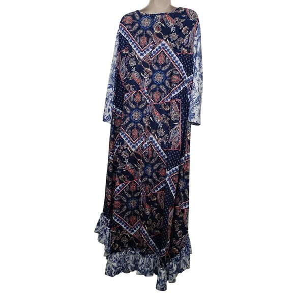 Nuggles Paisley Print Boho Maxi Dress Modest Navy Blue Women Size 2X 3/4 Sleeve - Picture 4 of 8